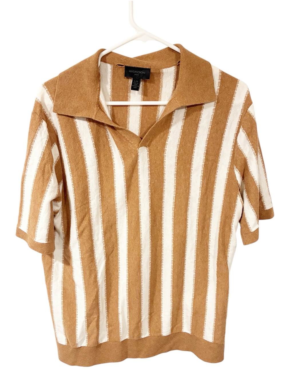 Magaschoni man wool blend vertical stripe short sleeve collar shirt Size Large